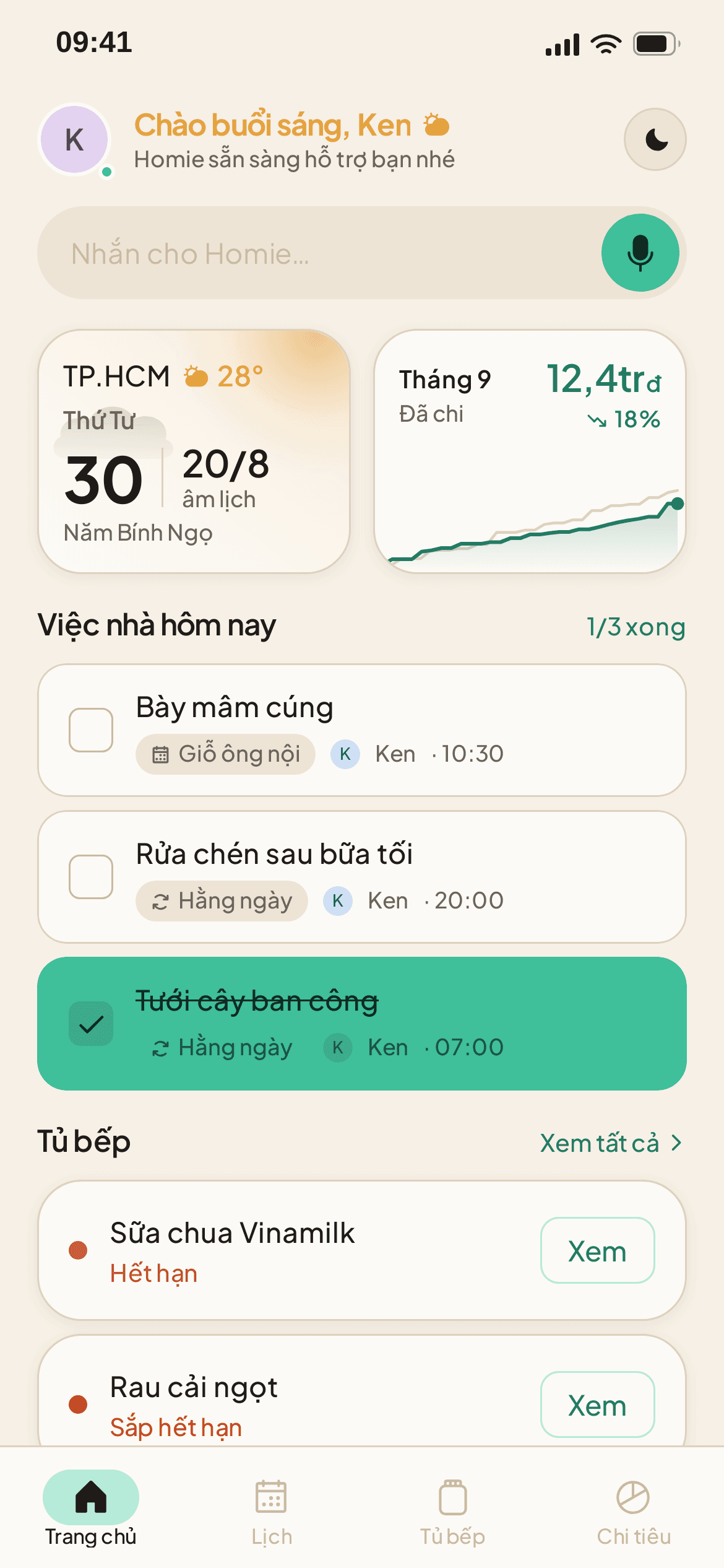 Homie trên điện thoại: Trang chủ với việc nhà hôm nay